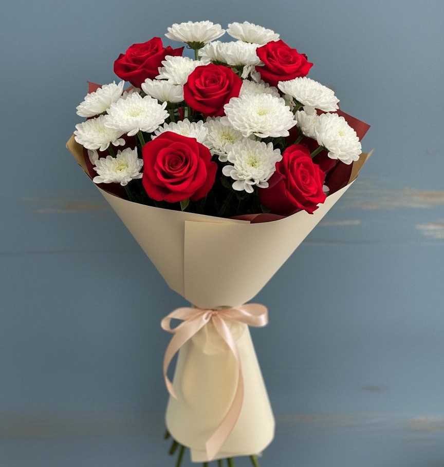 Букет цветов из: Розы и Хризантемы в Першутино