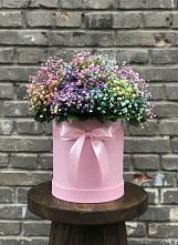 Цветочная композиция из Гипсофила и Розы в шляпной коробке в Першутино