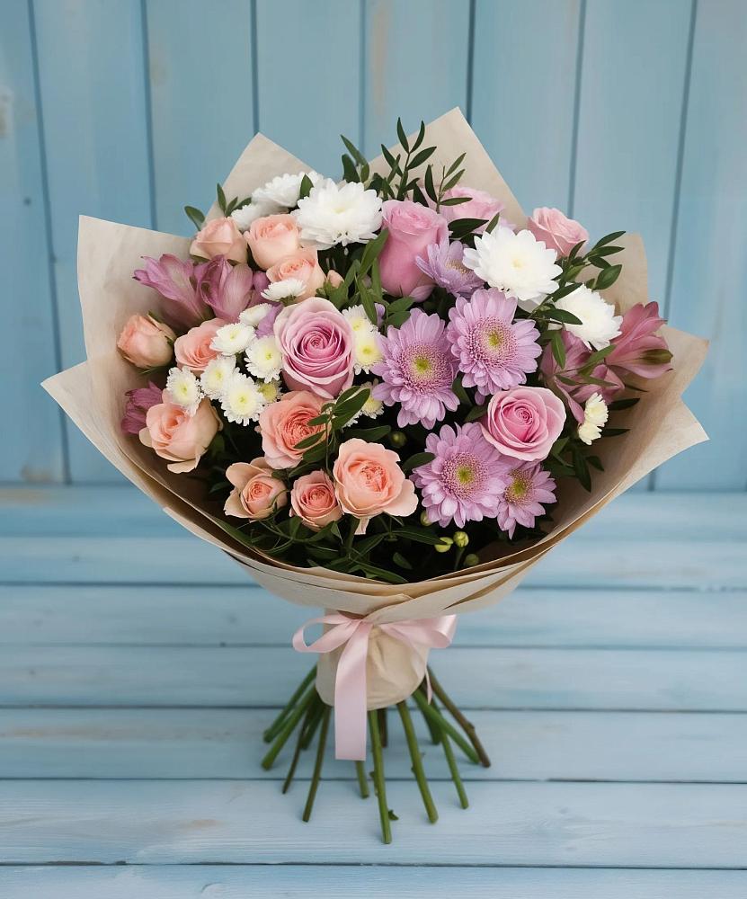 Букет цветов из: Хризантемы, Розы и Альстромерии в Першутино