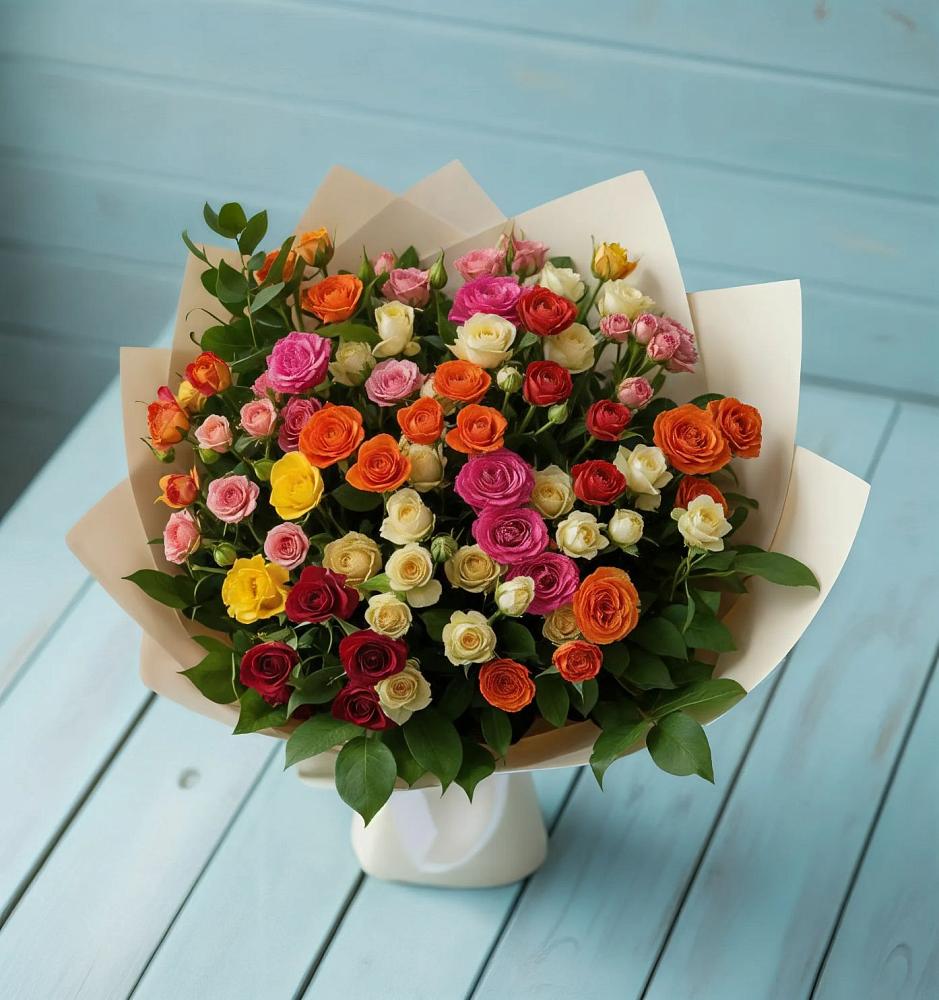 Букет Микс из разноцветных кустовых роз в Першутино