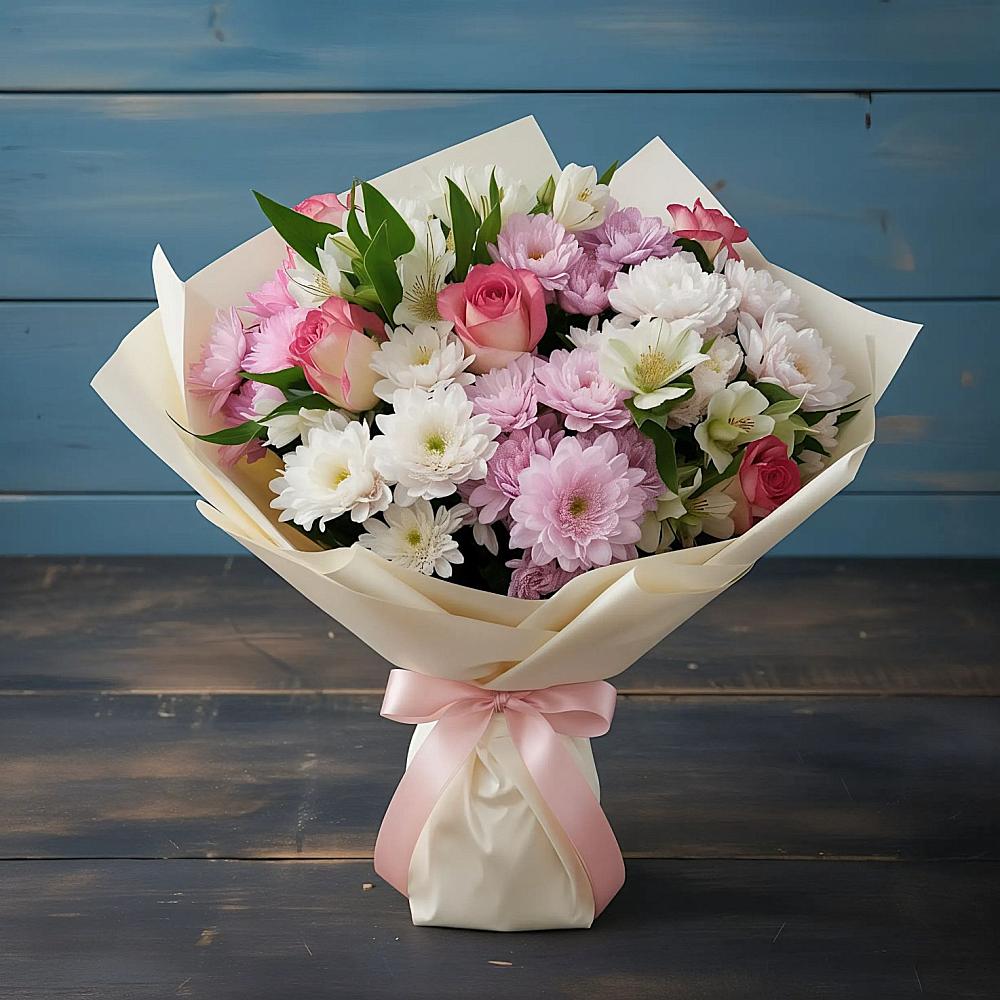 Букет цветов из: Хризантемы, Альстромерии и Розы в Першутино